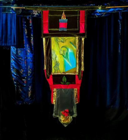 Peace & Floating Heads Acrylic painting 10in by 1ft 2in within a tapestry extending it to 1ft 6in by 4ft 1in